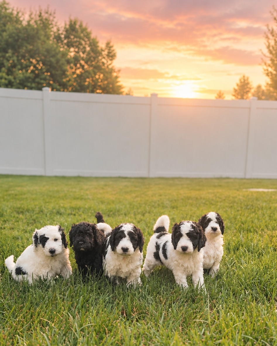 The five doodle puppies playing in the backyard grass at sunset